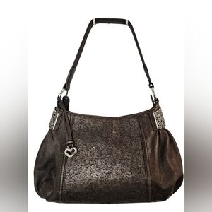 [Brighton] Parsa Smooth Pewter Laser Cut Leather Shoulder Bag Heart Charm. 